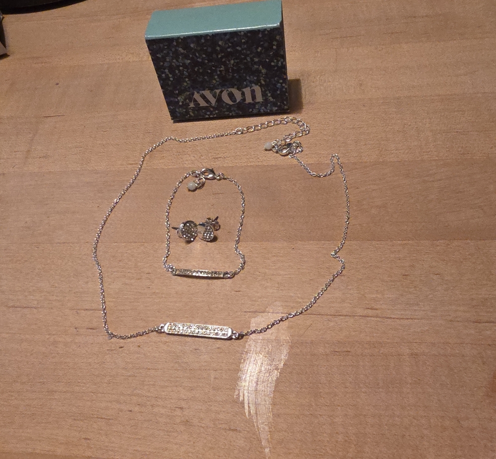 Avon Silver-Tone Bar Necklace, Bracelet & Stud Earrings Set